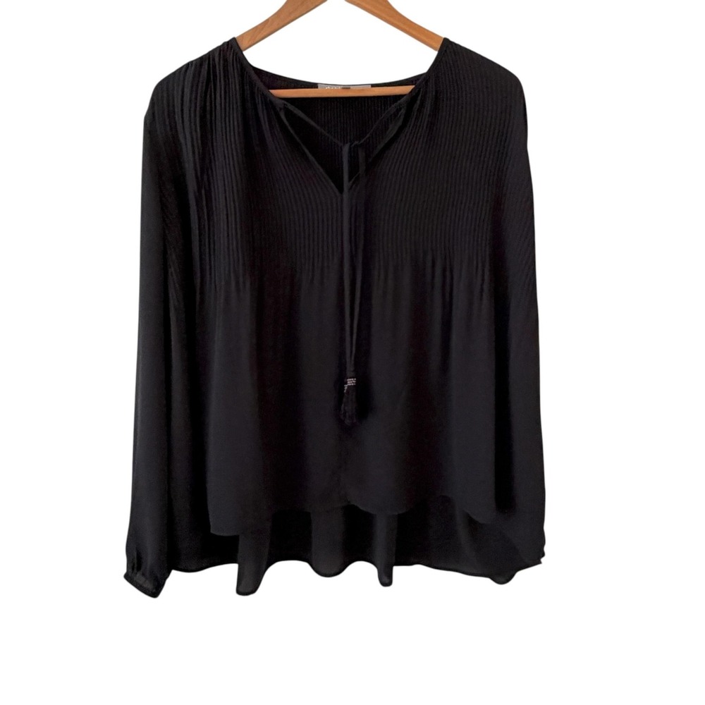 Daniel Rainn Pleated Tassel Tunic Top Womens S Black Boho Peasant Long Sleeve